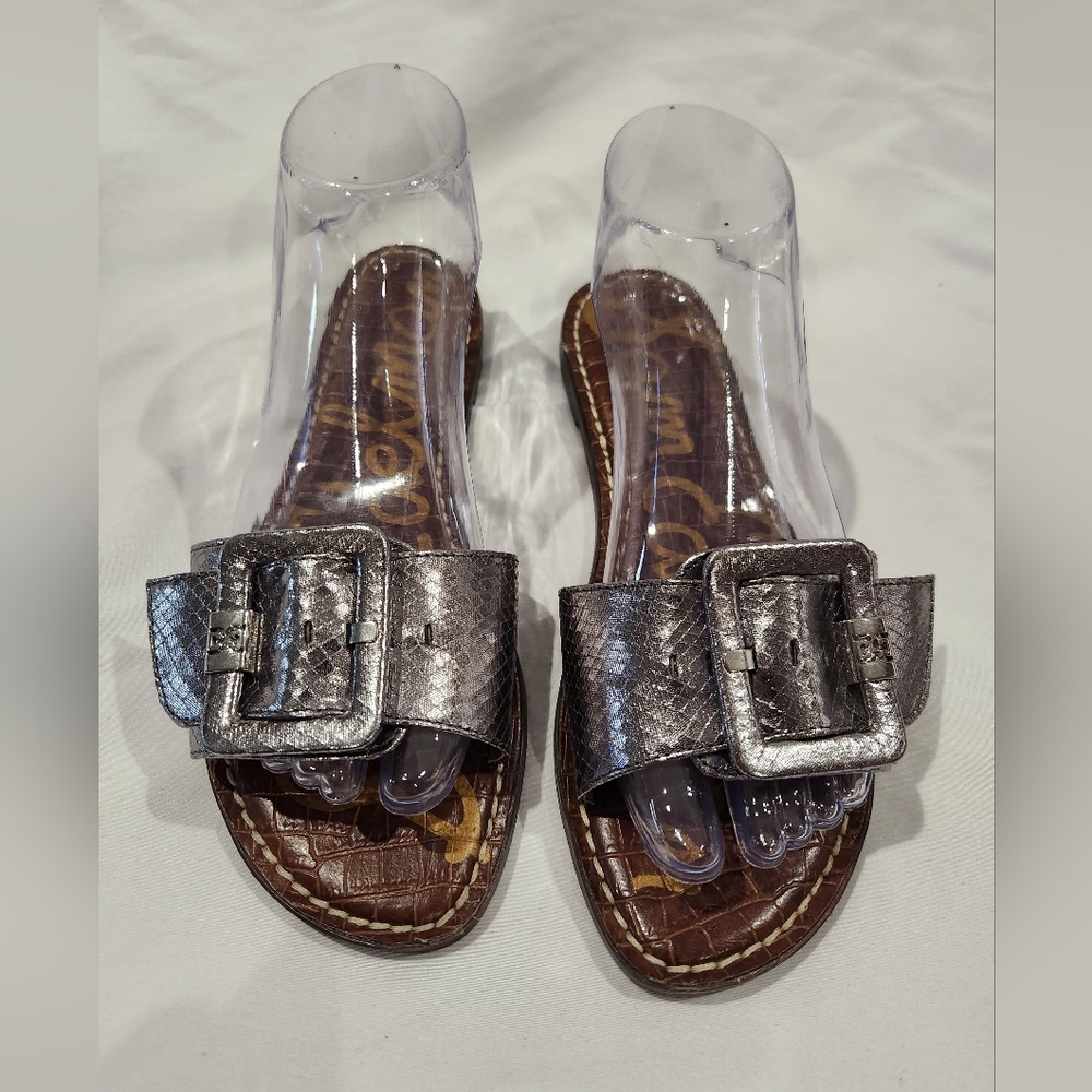 Sam Edelman Granada Snake Skin Embossed Metallic Silver Sandals With Big Buckle - Picture 4 of 8